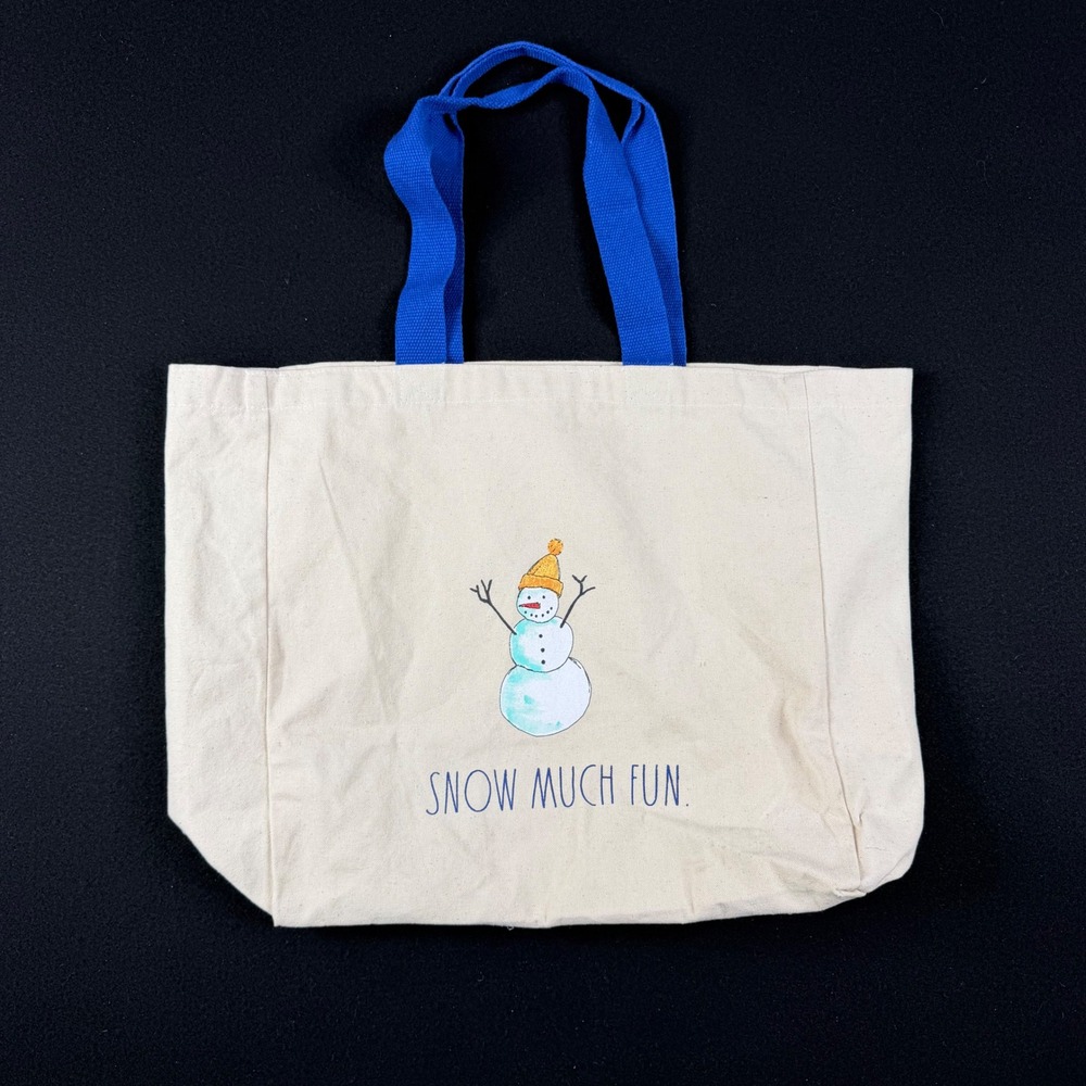 Rae Dunn Snow Much Fun Snowman Canvas Tote Bag Cream Blue Holiday Shopper